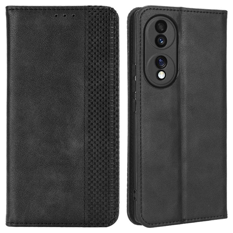 For Honor 70 5G Retro Texture Magnetic Absorption Case Imprinted Mosaic Wallet Stand Cell Phone Cover - Black