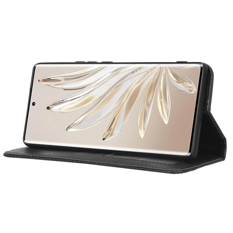 For Honor 70 5G Retro Texture Magnetic Absorption Case Imprinted Mosaic Wallet Stand Cell Phone Cover - Black