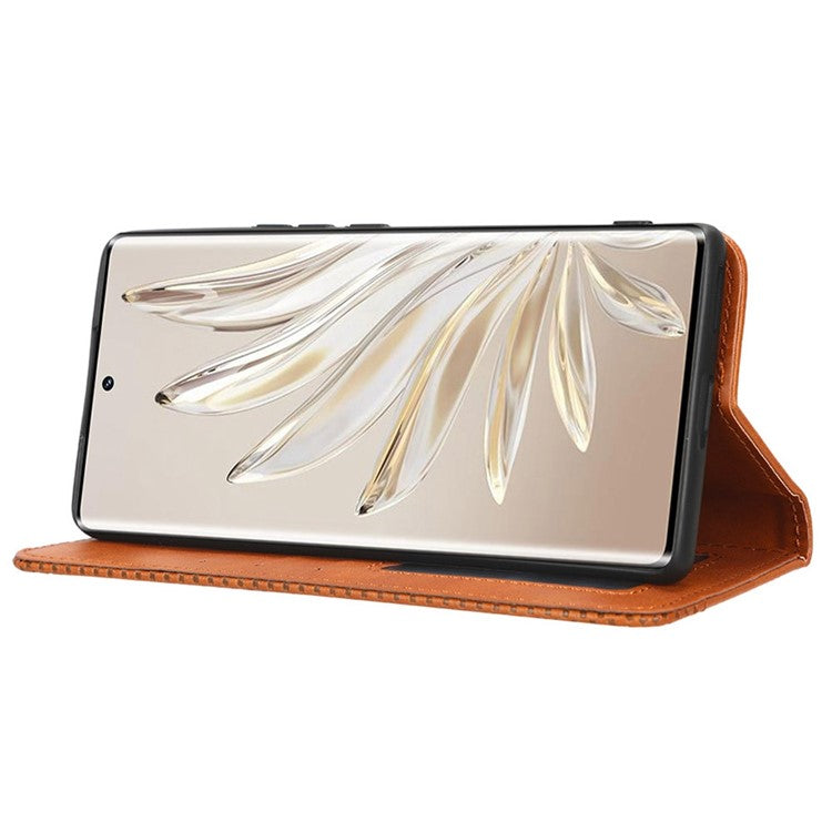 For Honor 70 5G Retro Texture Magnetic Absorption Case Imprinted Mosaic Wallet Stand Cell Phone Cover - Brown