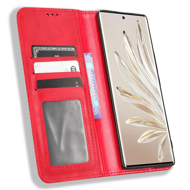 For Honor 70 5G Retro Texture Magnetic Absorption Case Imprinted Mosaic Wallet Stand Cell Phone Cover - Red