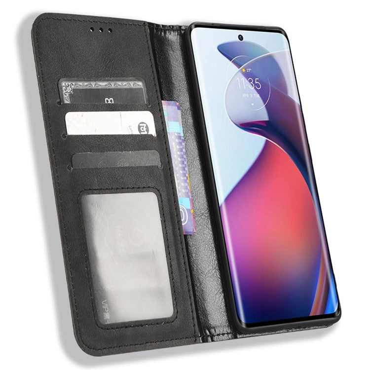For Motorola Moto S30 Pro 5G / Edge 30 Fusion 5G Auto Closing Magnetic Shockproof Case Retro PU Leather Phone Wallet Stand Protective Cover - Black