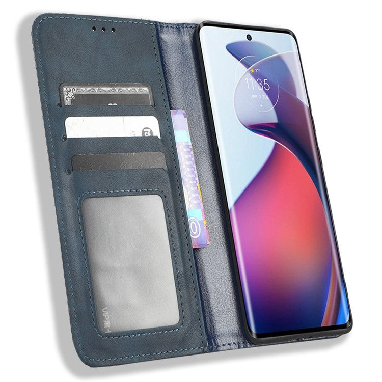 For Motorola Moto S30 Pro 5G / Edge 30 Fusion 5G Auto Closing Magnetic Shockproof Case Retro PU Leather Phone Wallet Stand Protective Cover - Blue