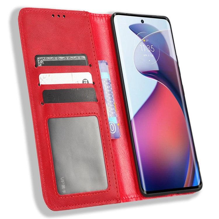 For Motorola Moto S30 Pro 5G / Edge 30 Fusion 5G Auto Closing Magnetic Shockproof Case Retro PU Leather Phone Wallet Stand Protective Cover - Red