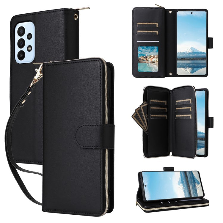R20 For Samsung Galaxy A23 4G / A23 5G (Global Version) Leather Case Zipper Pocket Stand - Black
