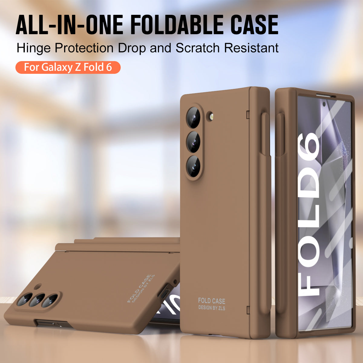For Samsung Galaxy Z Fold6 5G Case Hinge PC Phone Cover with Stylus / Tempered Glass Film - Coffee