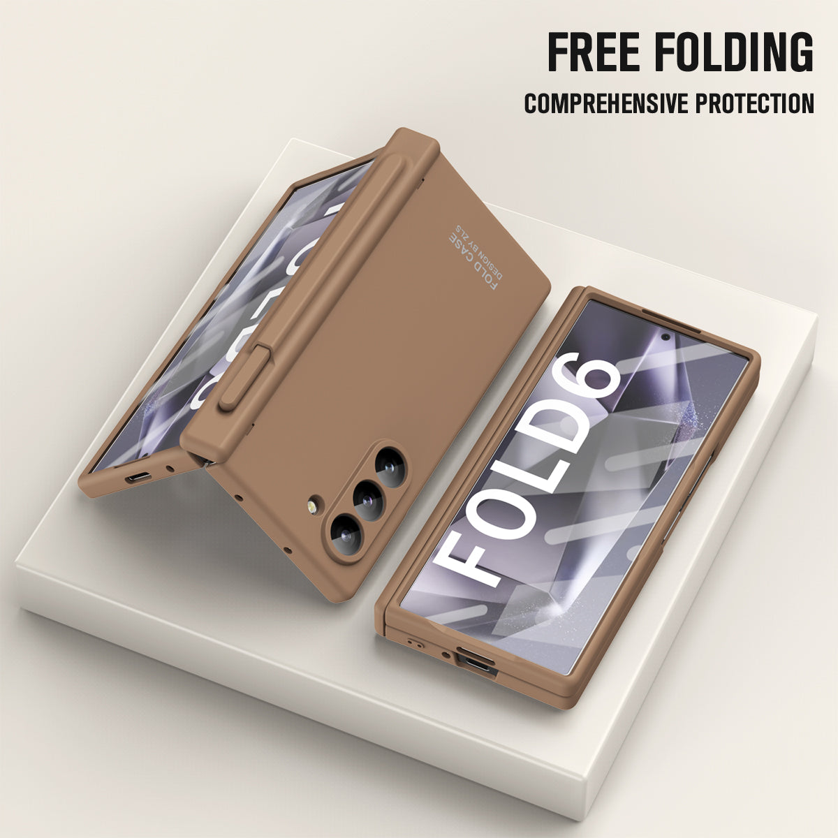 For Samsung Galaxy Z Fold6 5G Case Hinge PC Phone Cover with Stylus / Tempered Glass Film - Coffee