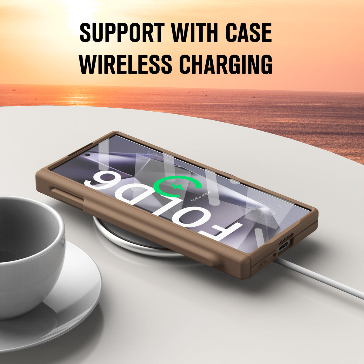 For Samsung Galaxy Z Fold6 5G Case Hinge PC Phone Cover with Stylus / Tempered Glass Film - Coffee