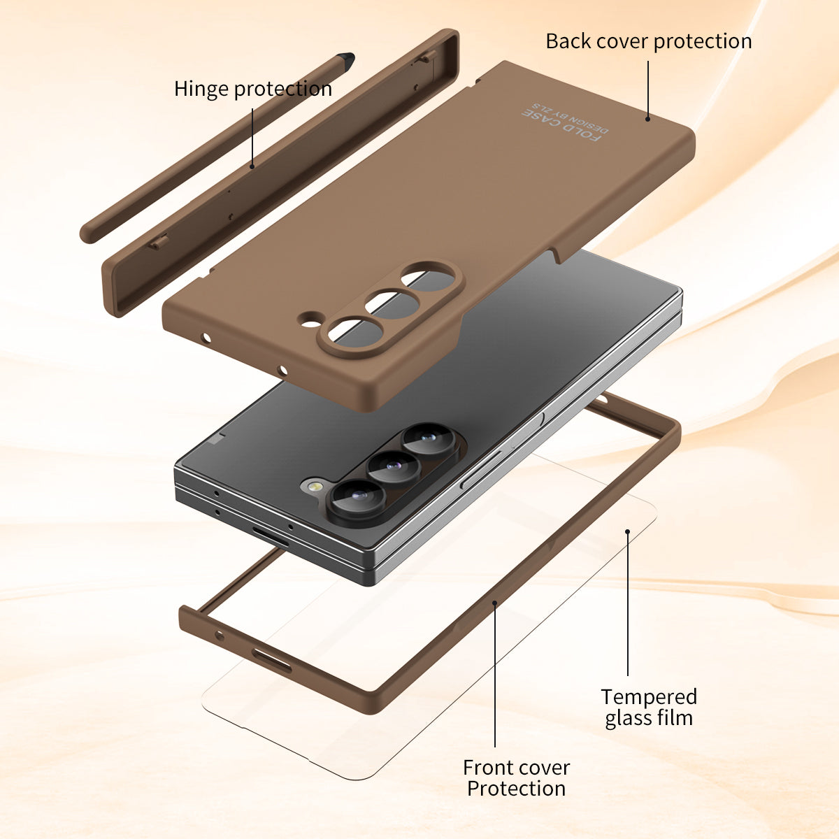 For Samsung Galaxy Z Fold6 5G Case Hinge PC Phone Cover with Stylus / Tempered Glass Film - Coffee