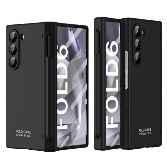 For Samsung Galaxy Z Fold6 5G Case Hinge PC Phone Cover with Stylus / Tempered Glass Film - Black