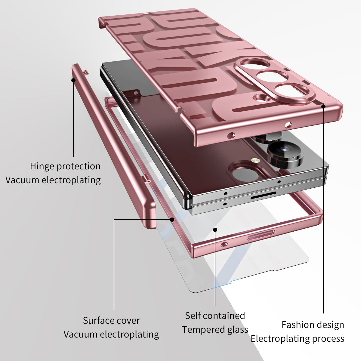 For Samsung Galaxy Z Fold6 5G Case Electroplating PC Phone Cover with Tempered Glass Film - Rose Gold