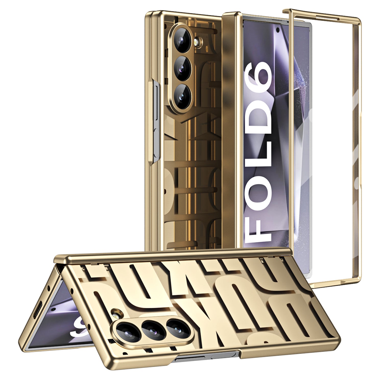 For Samsung Galaxy Z Fold6 5G Case Electroplating PC Phone Cover with Tempered Glass Film - Gold
