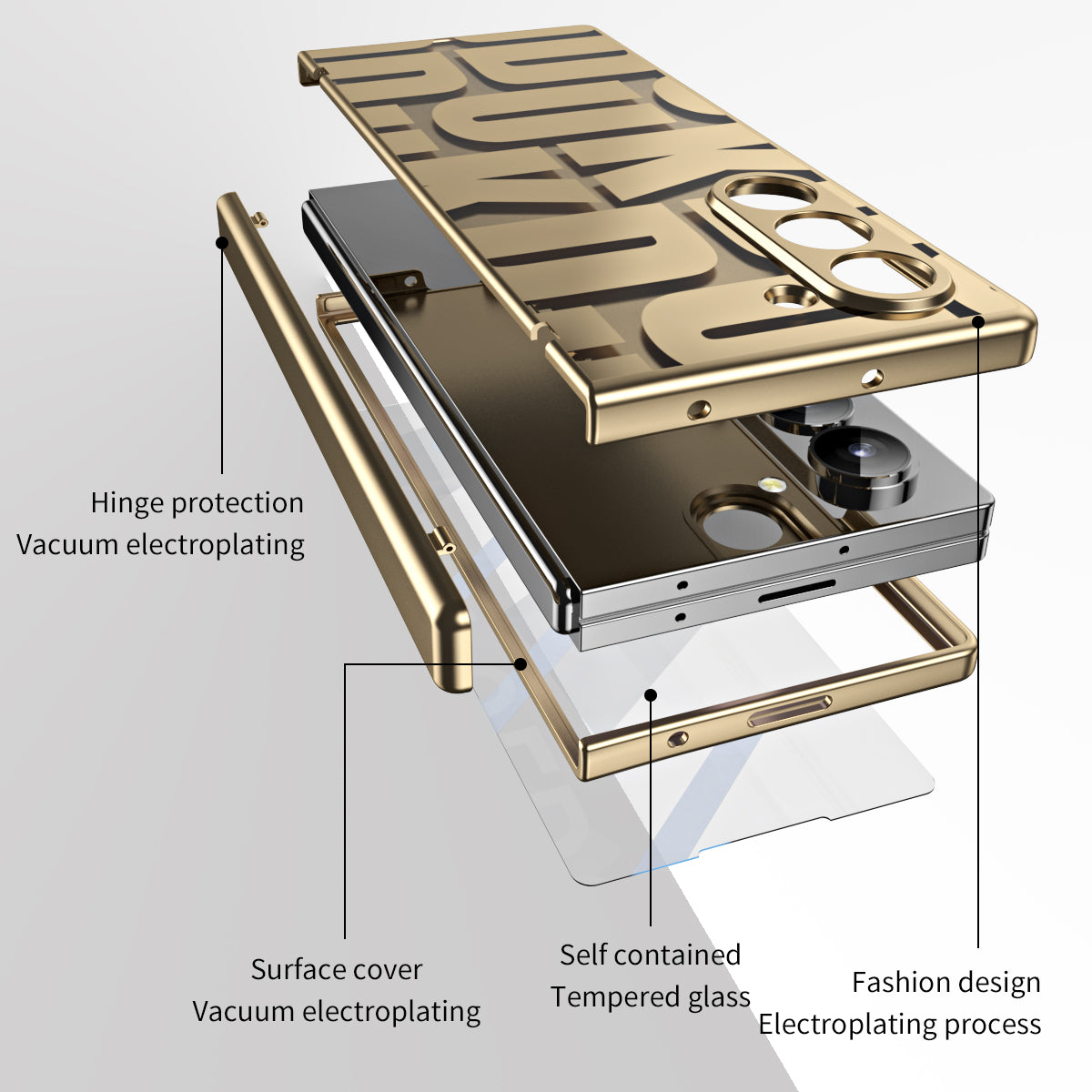 For Samsung Galaxy Z Fold6 5G Case Electroplating PC Phone Cover with Tempered Glass Film - Gold