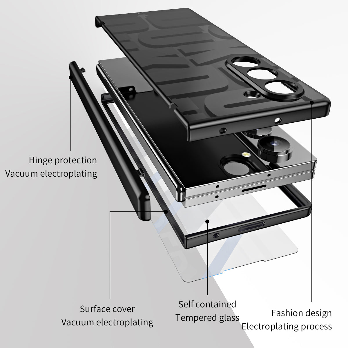 For Samsung Galaxy Z Fold6 5G Case Electroplating PC Phone Cover with Tempered Glass Film - Black