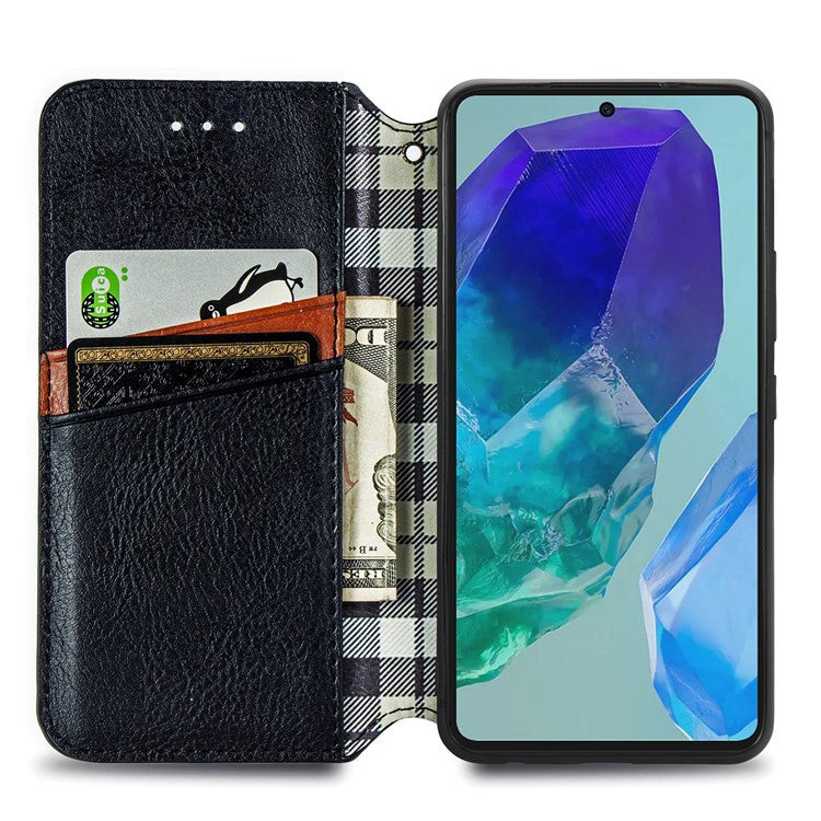 For Samsung Galaxy M55 5G / C55 5G / F55 5G PU Leather Case Rhombus Imprint Wallet Stand Phone Cover - Black