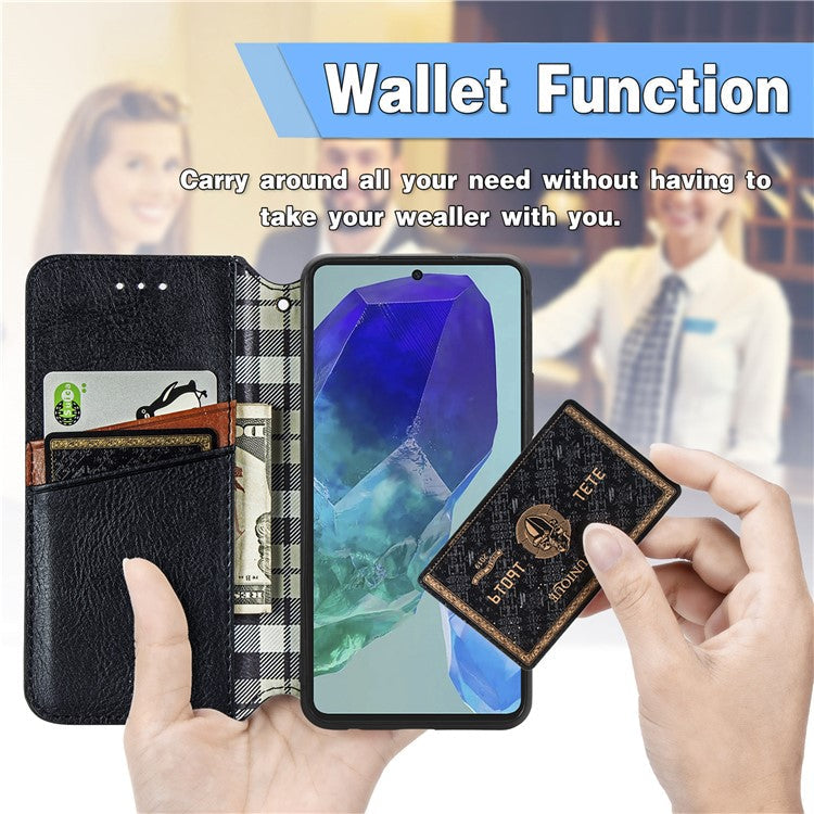 For Samsung Galaxy M55 5G / C55 5G / F55 5G PU Leather Case Rhombus Imprint Wallet Stand Phone Cover - Black