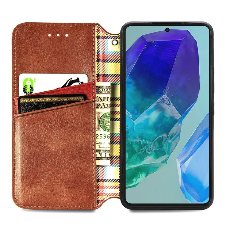 For Samsung Galaxy M55 5G / C55 5G / F55 5G PU Leather Case Rhombus Imprint Wallet Stand Phone Cover - Brown