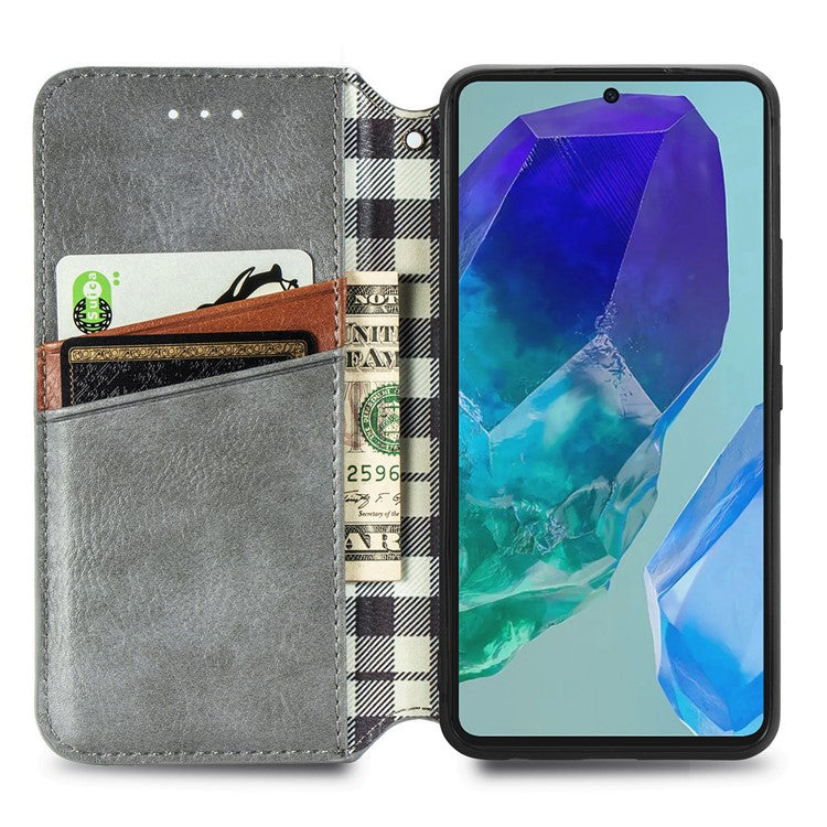 For Samsung Galaxy M55 5G / C55 5G / F55 5G PU Leather Case Rhombus Imprint Wallet Stand Phone Cover - Grey
