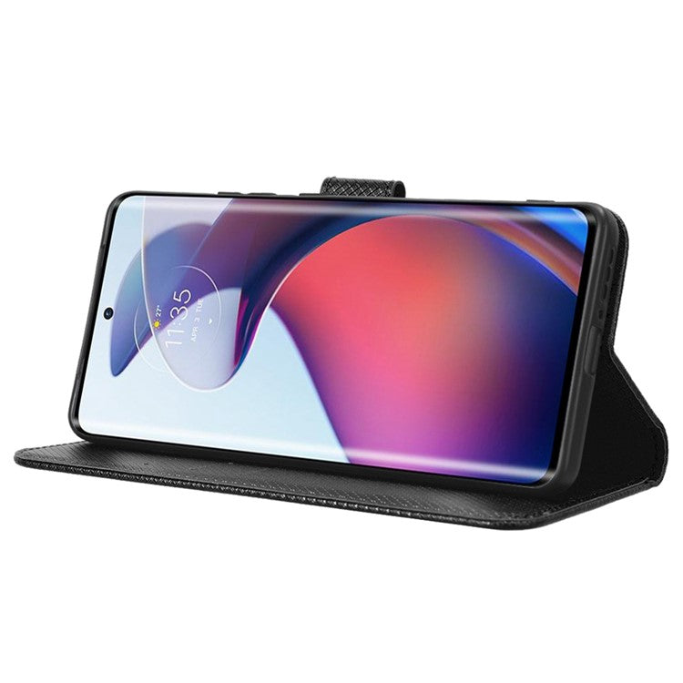 For Motorola Moto S30 Pro 5G / Edge 30 Fusion 5G Diamond Texture Phone Wallet Shockproof Shell PU Leather Stand Case with Wrist Strap - Black