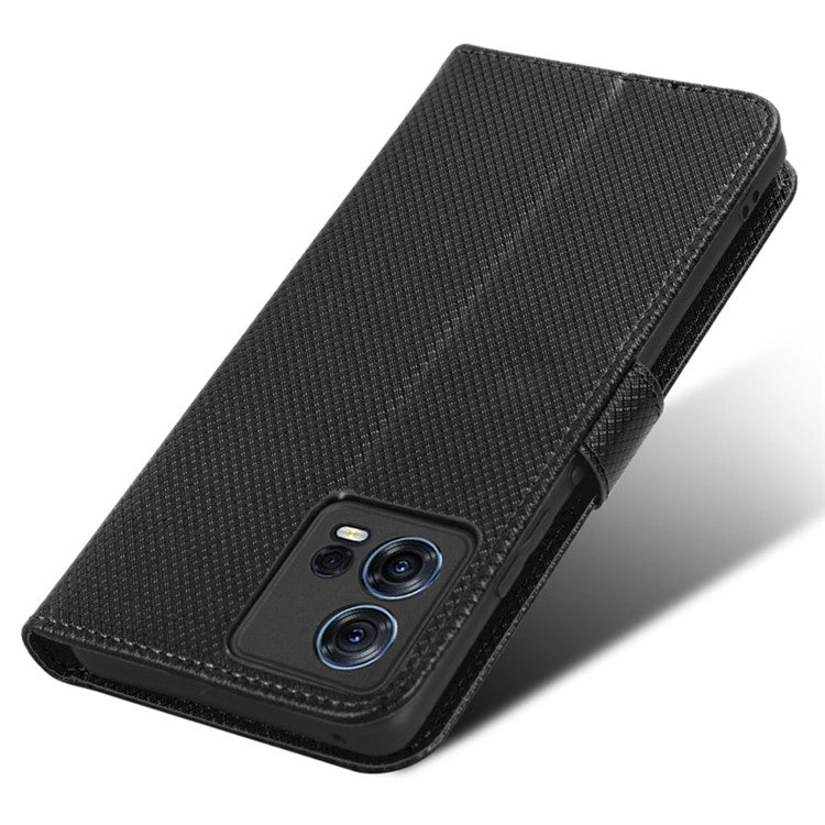 For Motorola Moto S30 Pro 5G / Edge 30 Fusion 5G Diamond Texture Phone Wallet Shockproof Shell PU Leather Stand Case with Wrist Strap - Black