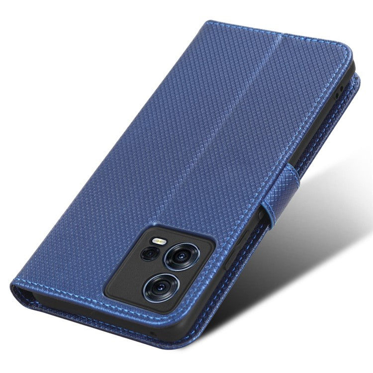 For Motorola Moto S30 Pro 5G / Edge 30 Fusion 5G Diamond Texture Phone Wallet Shockproof Shell PU Leather Stand Case with Wrist Strap - Blue