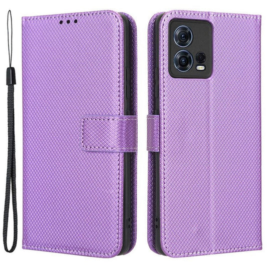 For Motorola Moto S30 Pro 5G / Edge 30 Fusion 5G Diamond Texture Phone Wallet Shockproof Shell PU Leather Stand Case with Wrist Strap - Purple