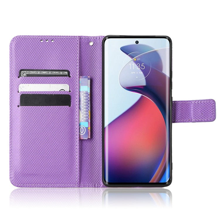 For Motorola Moto S30 Pro 5G / Edge 30 Fusion 5G Diamond Texture Phone Wallet Shockproof Shell PU Leather Stand Case with Wrist Strap - Purple