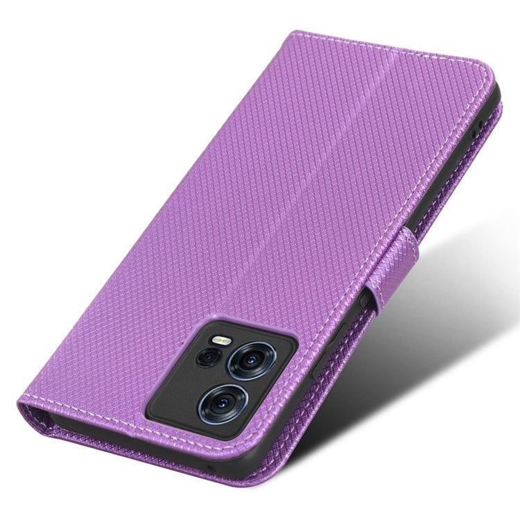 For Motorola Moto S30 Pro 5G / Edge 30 Fusion 5G Diamond Texture Phone Wallet Shockproof Shell PU Leather Stand Case with Wrist Strap - Purple