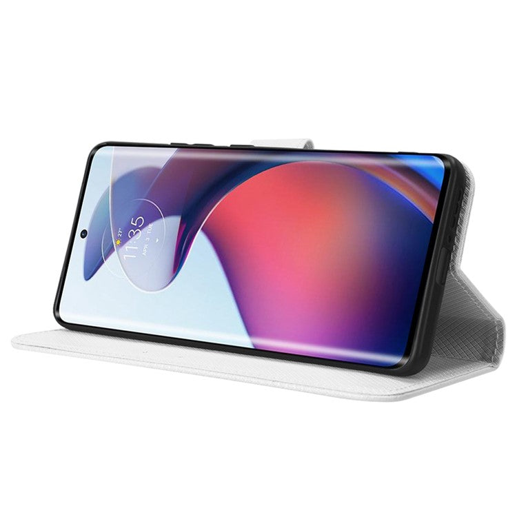 For Motorola Moto S30 Pro 5G / Edge 30 Fusion 5G Diamond Texture Phone Wallet Shockproof Shell PU Leather Stand Case with Wrist Strap - White