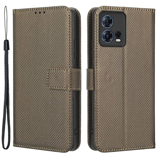 For Motorola Moto S30 Pro 5G / Edge 30 Fusion 5G Diamond Texture Phone Wallet Shockproof Shell PU Leather Stand Case with Wrist Strap - Brown
