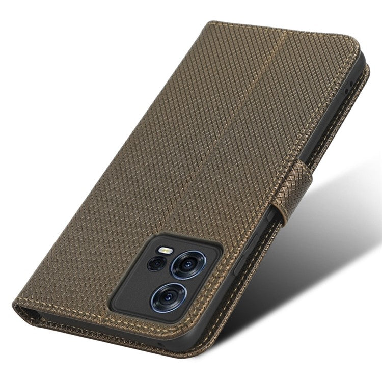 For Motorola Moto S30 Pro 5G / Edge 30 Fusion 5G Diamond Texture Phone Wallet Shockproof Shell PU Leather Stand Case with Wrist Strap - Brown