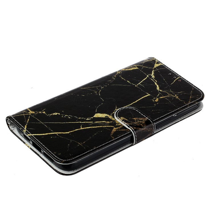 For iPhone 16 Case Pattern Stand Leather Phone Cover Card Slots Design - Black Gold Marble