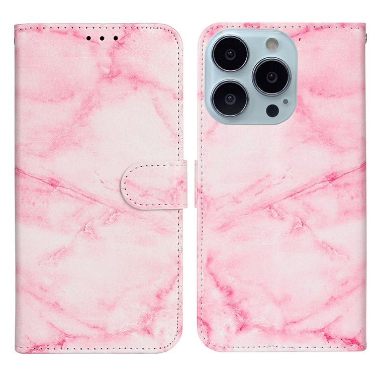 For iPhone 16 Case Pattern Stand Leather Phone Cover Card Slots Design - Pink Marble