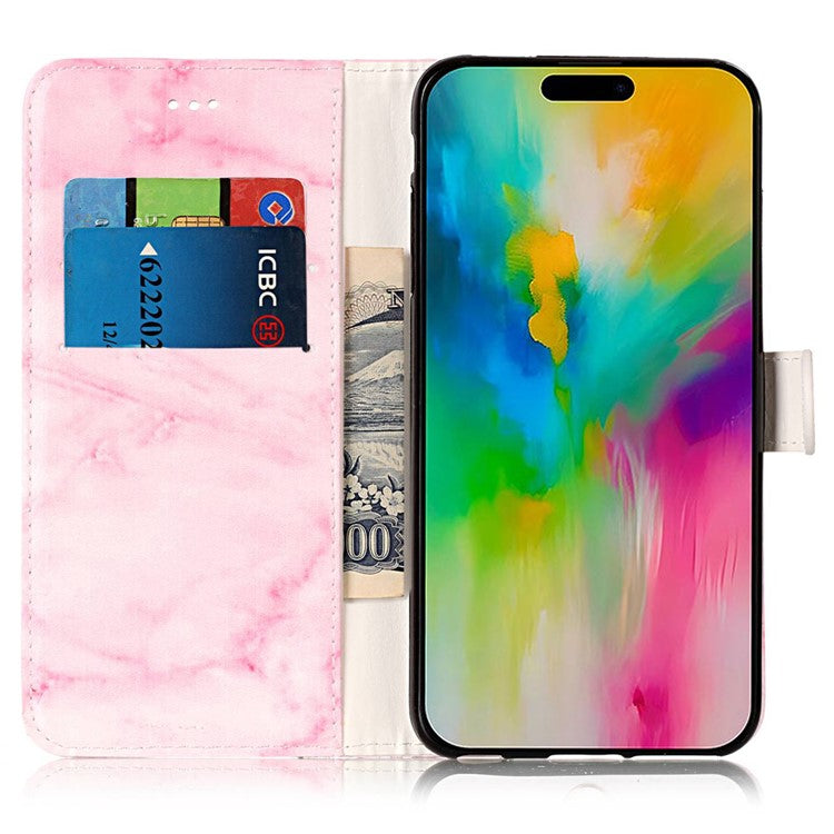 For iPhone 16 Case Pattern Stand Leather Phone Cover Card Slots Design - Pink Marble