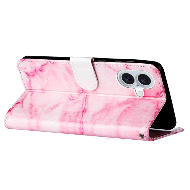 For iPhone 16 Case Pattern Stand Leather Phone Cover Card Slots Design - Pink Marble