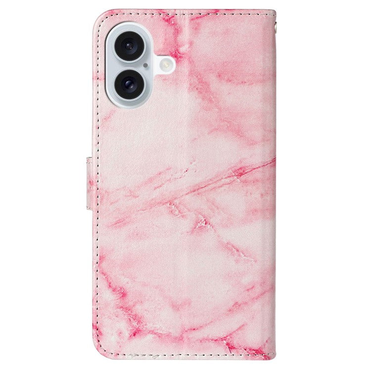 For iPhone 16 Case Pattern Stand Leather Phone Cover Card Slots Design - Pink Marble