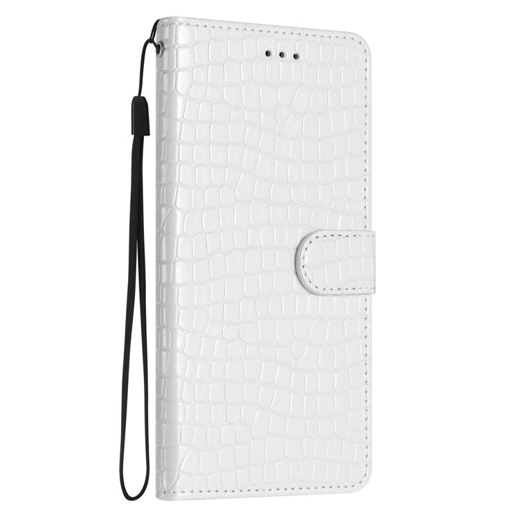 For iPhone 16 Pro Case Wrist Strap Flip PU Leather Phone Cover Crocodile Texture - White