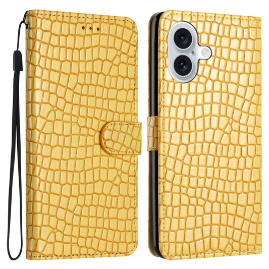 For iPhone 16 Plus Case Crocodile Texture Leather Phone Cover Card Slots Stand Function - Yellow