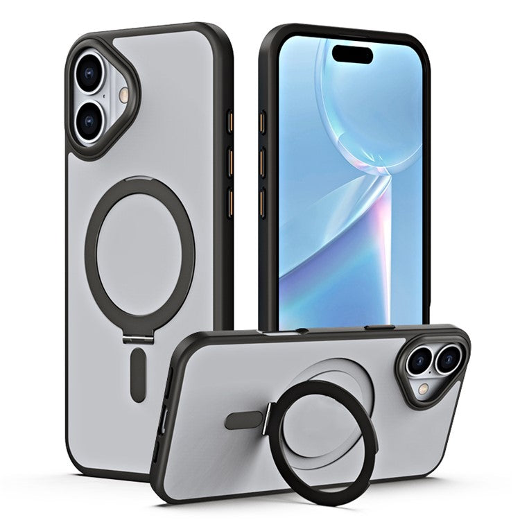 For iPhone 16 Magnetic Case TPU+Acrylic Drop Protection Kickstand Phone Cover - Black