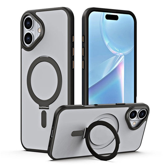 For iPhone 16 Magnetic Case TPU+Acrylic Drop Protection Kickstand Phone Cover - Black