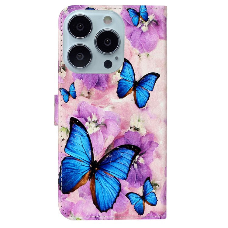 For iPhone 16 Pro Case Stand Wallet Leather Phone Cover Magnetic Clasp Pattern Printed - Purple Flower Butterfly
