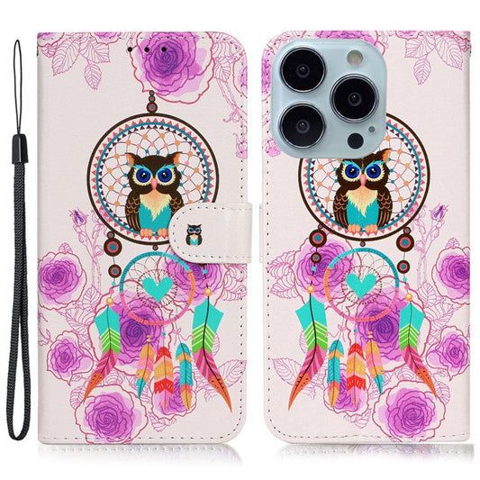 For iPhone 16 Pro Case Stand Wallet Leather Phone Cover Magnetic Clasp Pattern Printed - Wind Chime Owl