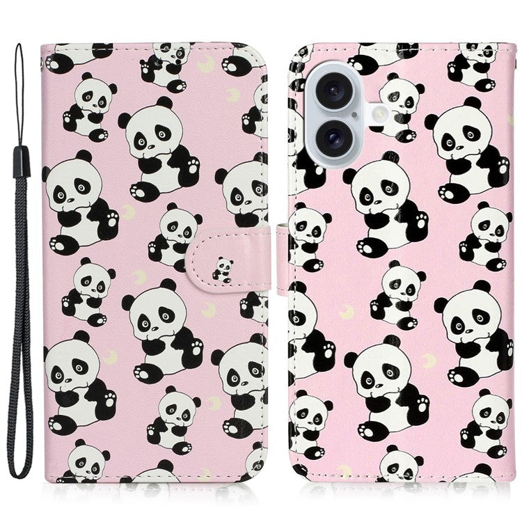 For iPhone 16 Plus Case Pattern Design Flip Leather Phone Cover with Strap - Panda
