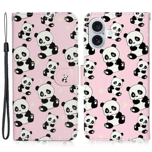 For iPhone 16 Plus Case Pattern Design Flip Leather Phone Cover with Strap - Panda