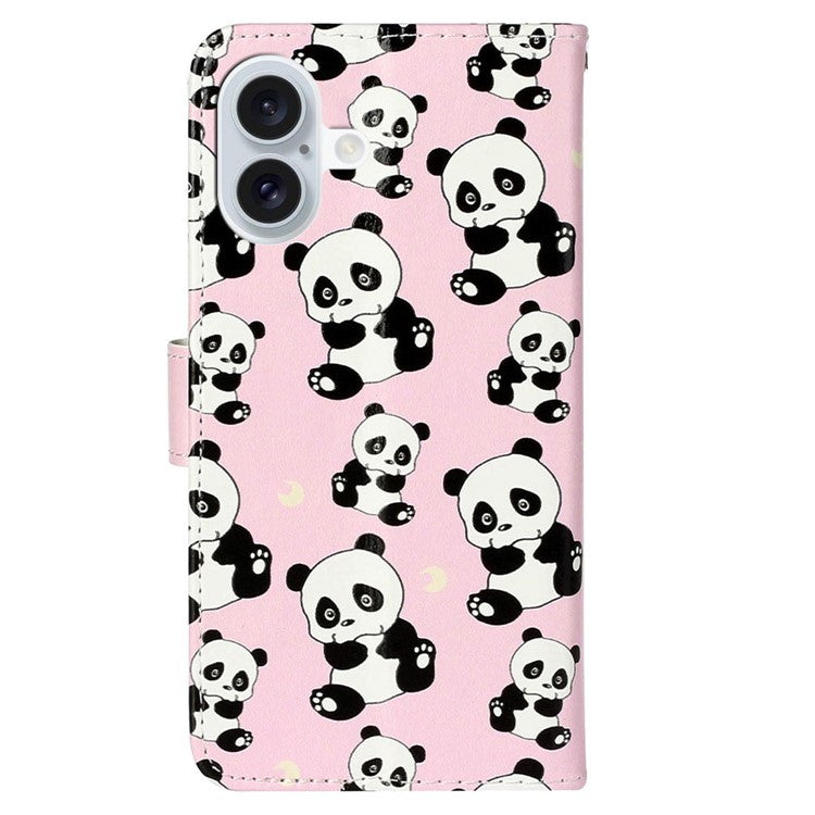 For iPhone 16 Plus Case Pattern Design Flip Leather Phone Cover with Strap - Panda