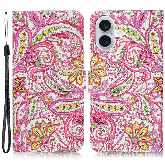 For iPhone 16 Plus Case Pattern Design Flip Leather Phone Cover with Strap - Flower