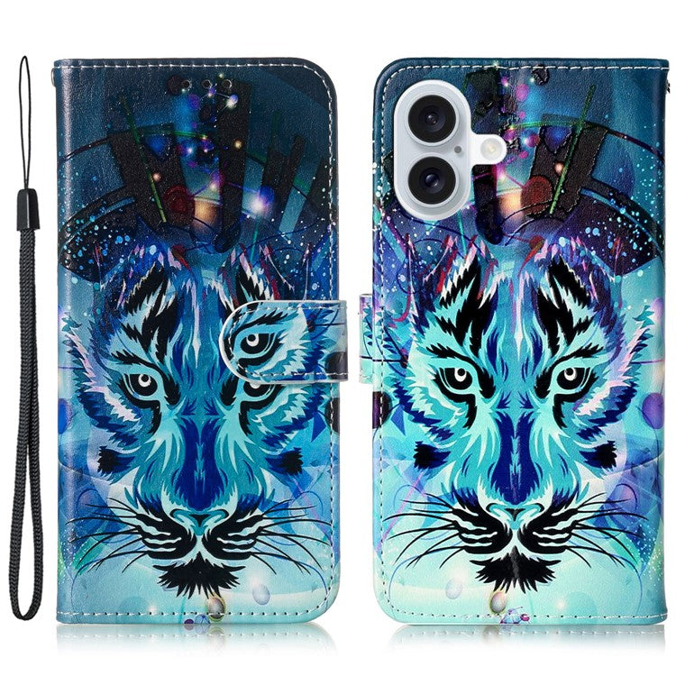 For iPhone 16 Plus Case Pattern Design Flip Leather Phone Cover with Strap - Wolf