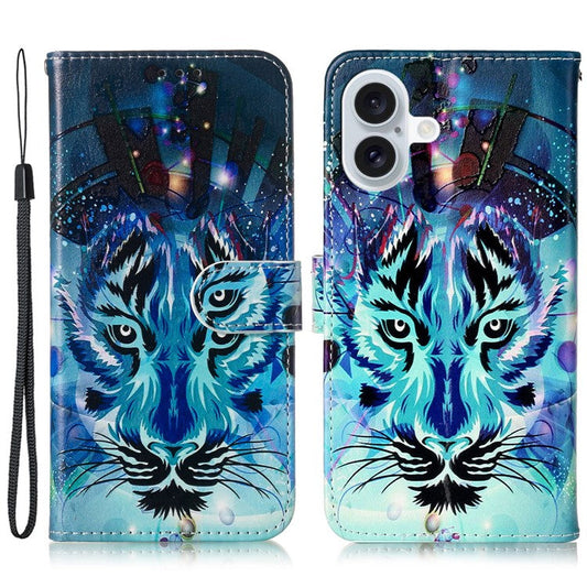 For iPhone 16 Plus Case Pattern Design Flip Leather Phone Cover with Strap - Wolf