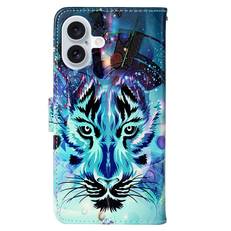 For iPhone 16 Plus Case Pattern Design Flip Leather Phone Cover with Strap - Wolf