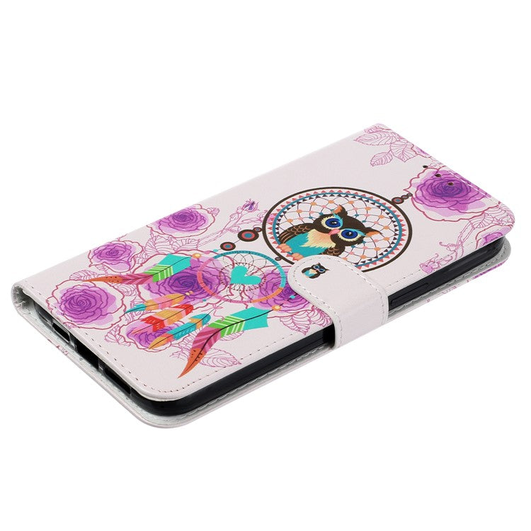 For iPhone 16 Case Leather Card Slot Holder Flip Phone Cover Pattern Printing - Wind Chime Owl