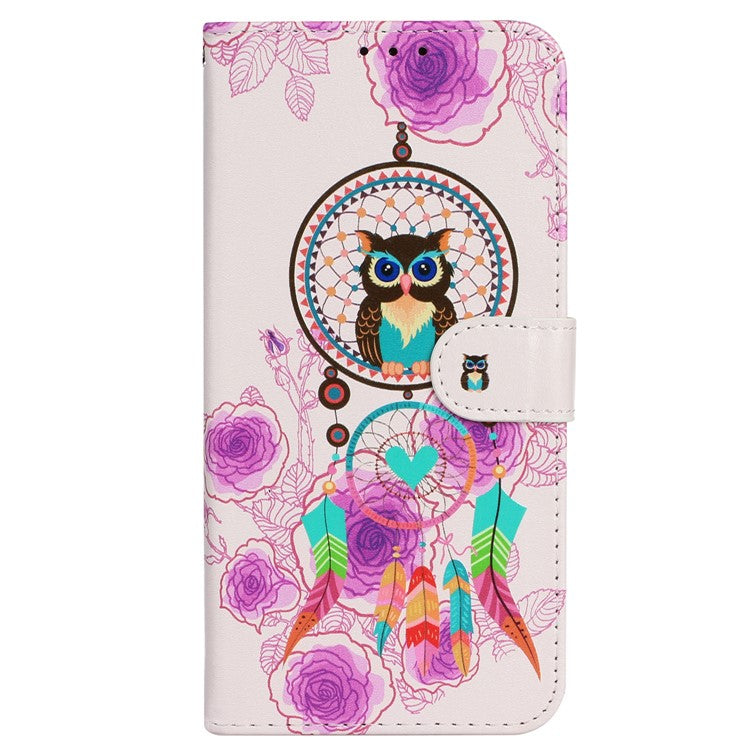 For iPhone 16 Case Leather Card Slot Holder Flip Phone Cover Pattern Printing - Wind Chime Owl